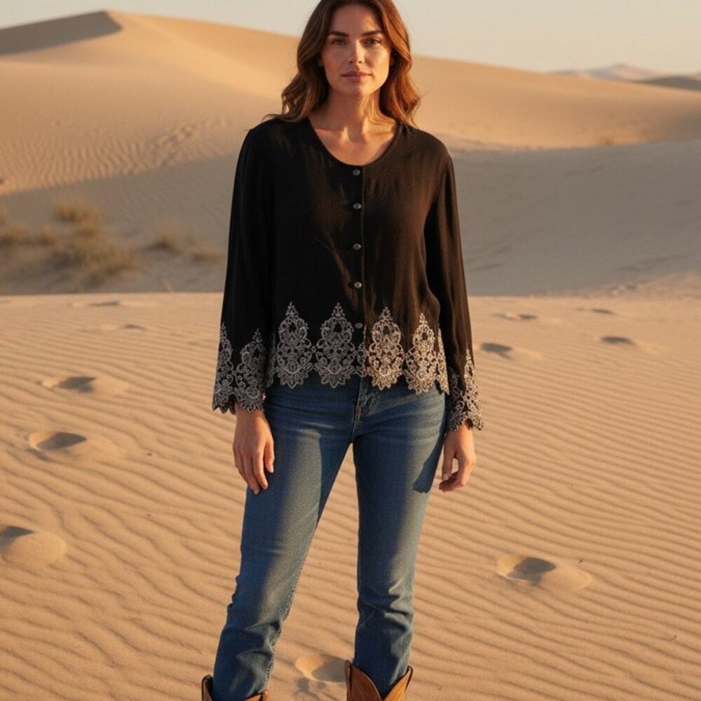 Vintage Double D Ranch Womens Embroidered Long Sleeve Blouse Size Medium Black
